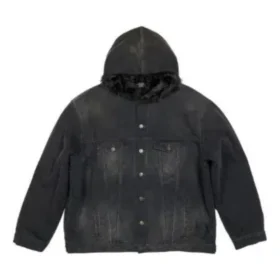 Ağartılmış Efektli Düğmeli Kapüşonlu Denim Ceket “Siyah” 724653TNW541129