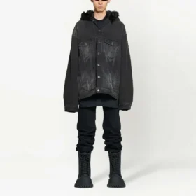Ağartılmış Efektli Düğmeli Kapüşonlu Denim Ceket “Siyah” 724653TNW541129