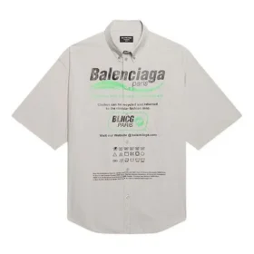 Erkek Balenciaga Pamuklu Bol Kesim Kısa Kollu Gömlek Gri 664627TKM102967 Erkek Balenciaga Pamuklu Bol Kesim Kısa Kollu Gömlek Gri 664627TKM102967
