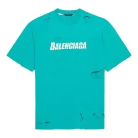 Erkek Balenciaga SS21 Alfabe Baskılı Desenli Delikli Yuvarlak Yaka Kısa Kollu Yeşil 651795TKVB84661