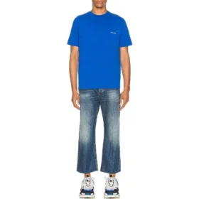 Erkek Balenciaga SS21 Alphabet Küçük Logo Kısa Kollu Mavi 556151TBV438077