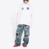 Erkek Balenciaga x NASA FW21 Crossover Logo Pamuklu Klasik Kapüşonlu Bol Uzun Kollu Beyaz 651799TKVD89040
