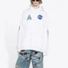 Erkek Balenciaga x NASA FW21 Crossover Logo Pamuklu Klasik Kapüşonlu Bol Uzun Kollu Beyaz 651799TKVD89040