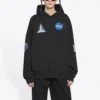 Erkek Balenciaga x NASA FW21 Crossover Logo Pamuklu Klasik Kapüşonlu Bol Uzun Kollu Siyah 651799TKVD81070