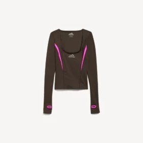 Haki kahverengi/neon pembe renkli, kadınlara özel dar kesim uzun kollu teknik giyim üst