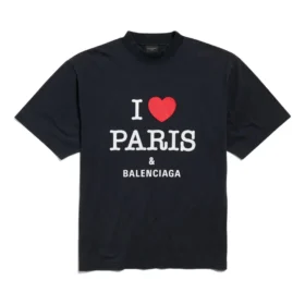 I Love Paris & Balenciaga Tişört Orta Kesim “Black Faded” 764235TRVU91041