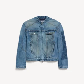 Koyu mavi erkek sıkı kesim denim motosiklet ceket
