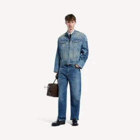 Koyu mavi erkek sıkı kesim denim motosiklet ceket