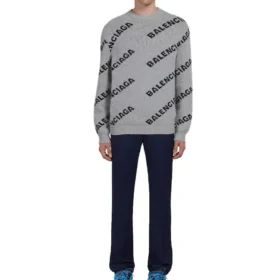 Yün Karışımlı, Her Yüzünde Logo Bulunan Bisiklet Yaka Sweatshirt “Gri Siyah” 555481T14711262